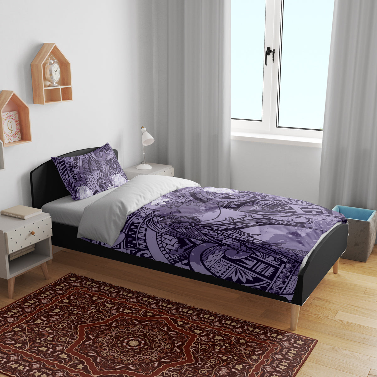Pacific Beauty Girl Bedding Set Violet Polyneisan Tribal Vintage Motif