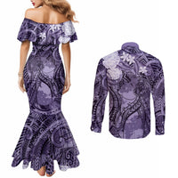 Pacific Beauty Girl Couples Matching Mermaid Dress and Long Sleeve Button Shirt Violet Polyneisan Tribal Vintage Motif