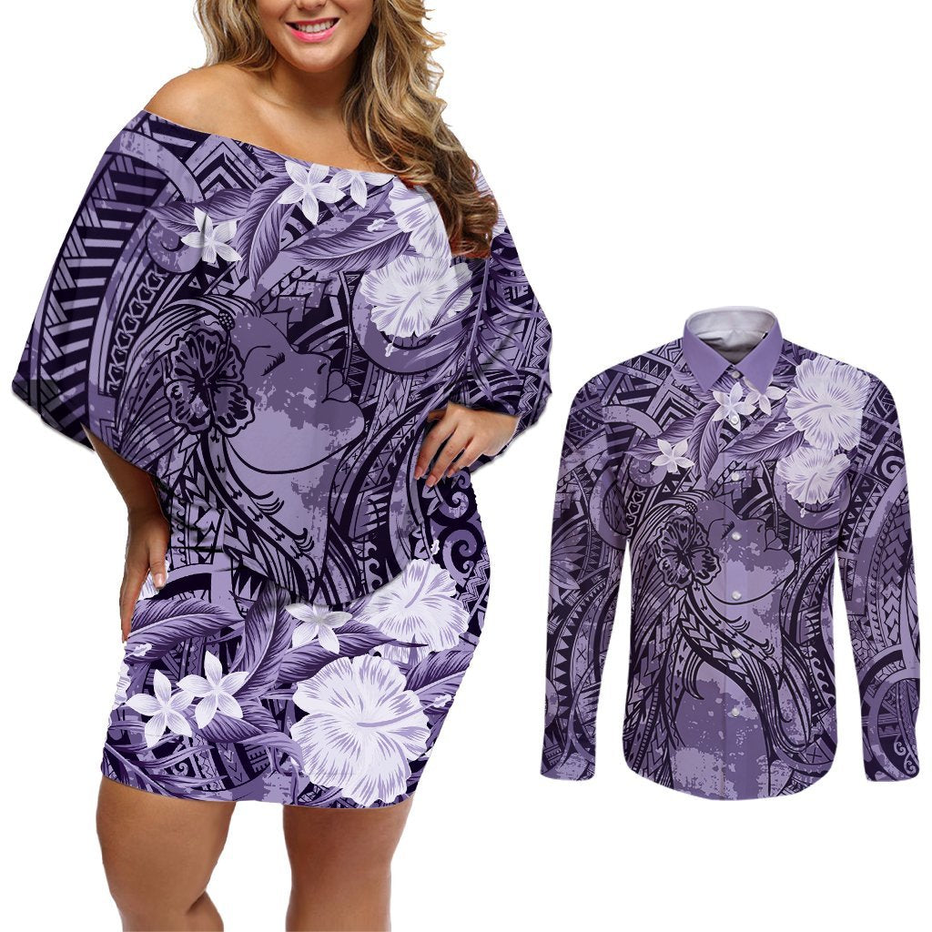 Pacific Beauty Girl Couples Matching Off Shoulder Short Dress and Long Sleeve Button Shirt Violet Polyneisan Tribal Vintage Motif LT9 Violet - Polynesian Pride