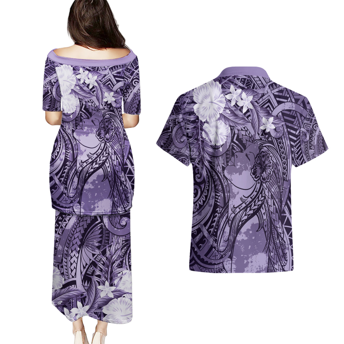 Pacific Beauty Girl Couples Matching Puletasi and Hawaiian Shirt Violet Polyneisan Tribal Vintage Motif