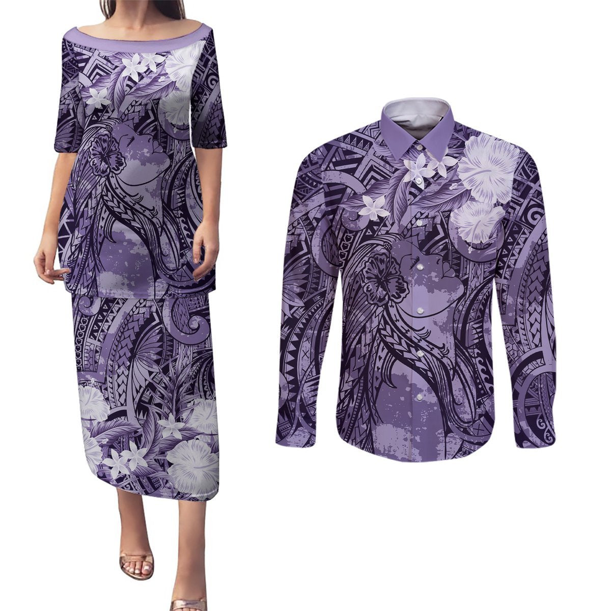 Pacific Beauty Girl Couples Matching Puletasi and Long Sleeve Button Shirt Violet Polyneisan Tribal Vintage Motif LT9 Violet - Polynesian Pride