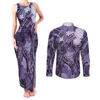 Pacific Beauty Girl Couples Matching Tank Maxi Dress and Long Sleeve Button Shirt Violet Polyneisan Tribal Vintage Motif