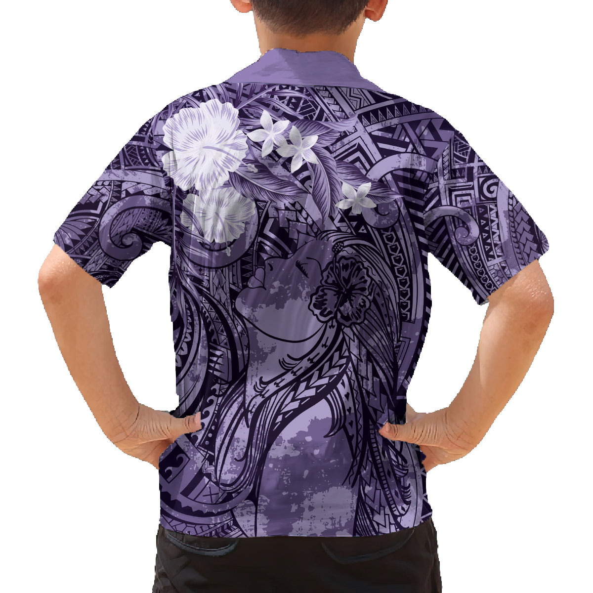 Pacific Beauty Girl Family Matching Off Shoulder Short Dress and Hawaiian Shirt Violet Polyneisan Tribal Vintage Motif