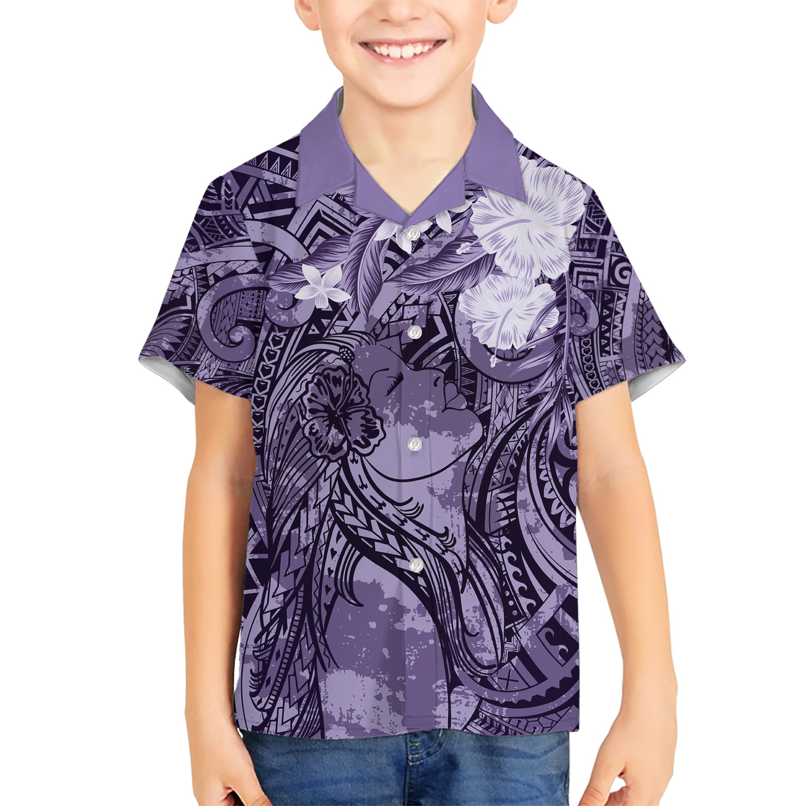 Pacific Beauty Girl Kid Hawaiian Shirt Violet Polyneisan Tribal Vintage Motif LT9 Kid Violet - Polynesian Pride