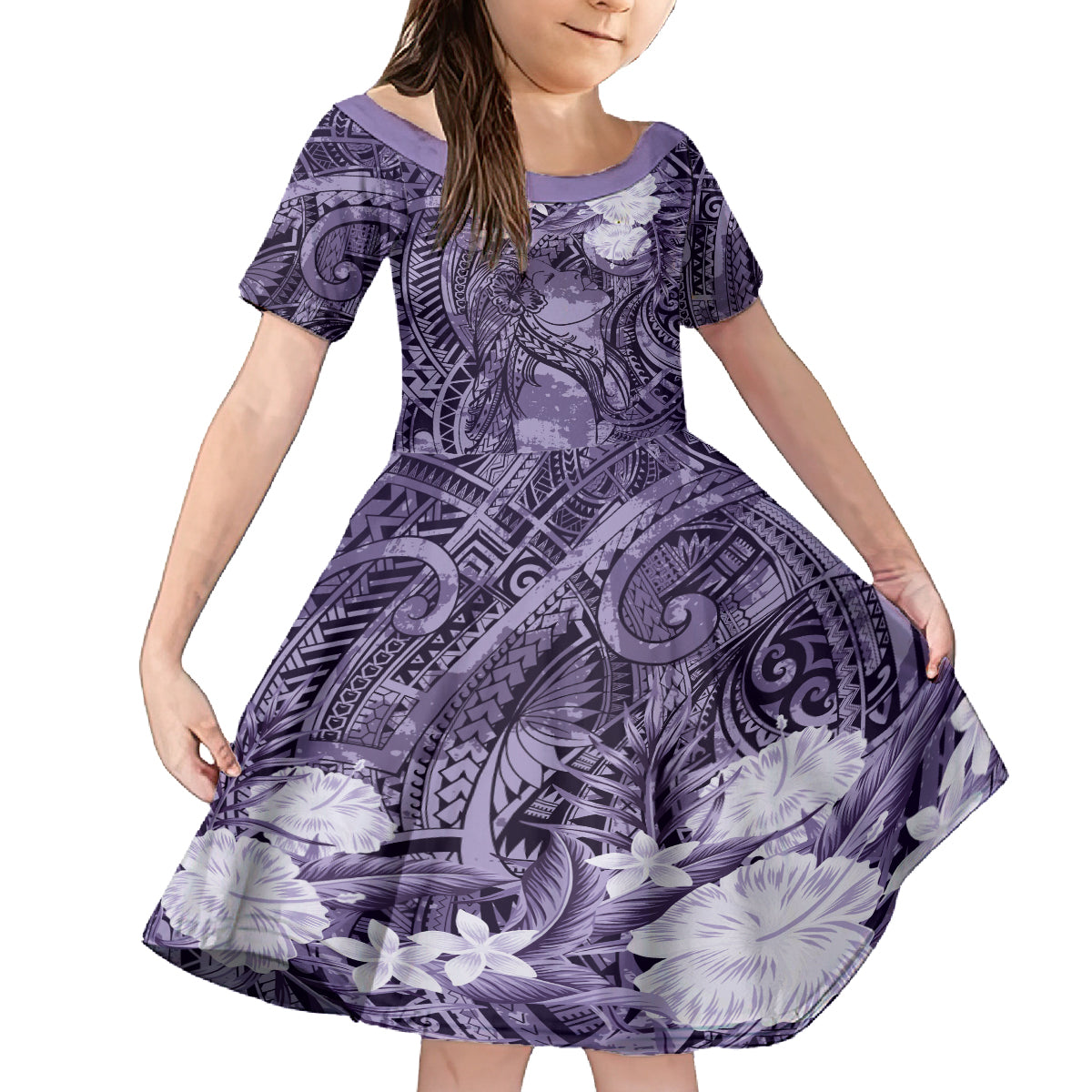 Pacific Beauty Girl Kid Short Sleeve Dress Violet Polyneisan Tribal Vintage Motif LT9 KID Violet - Polynesian Pride