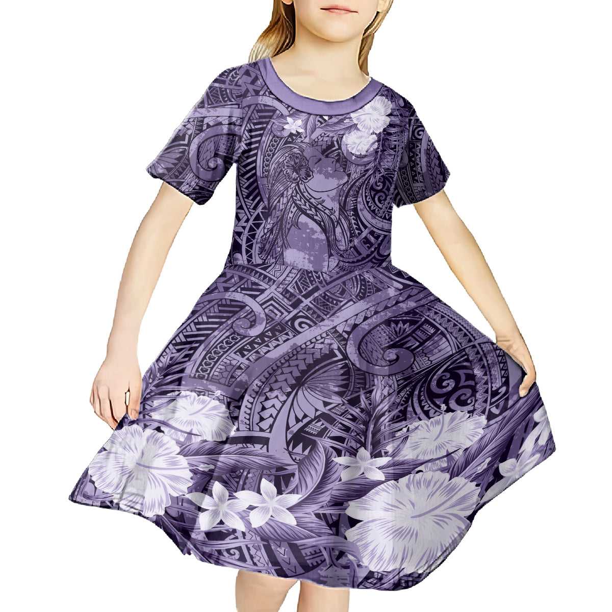 Pacific Beauty Girl Kid Short Sleeve Dress Violet Polyneisan Tribal Vintage Motif LT9 - Polynesian Pride
