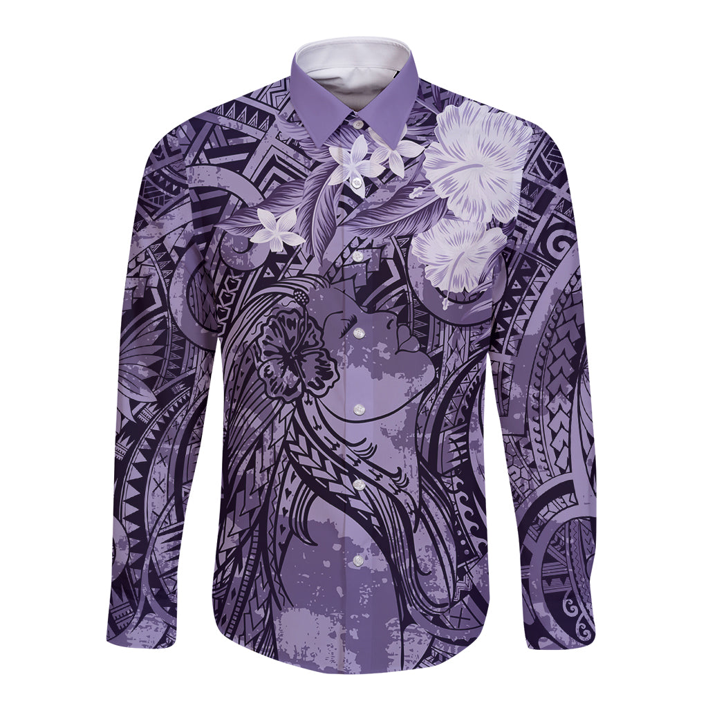 Pacific Beauty Girl Long Sleeve Button Shirt Violet Polyneisan Tribal Vintage Motif LT9 Unisex Violet - Polynesian Pride