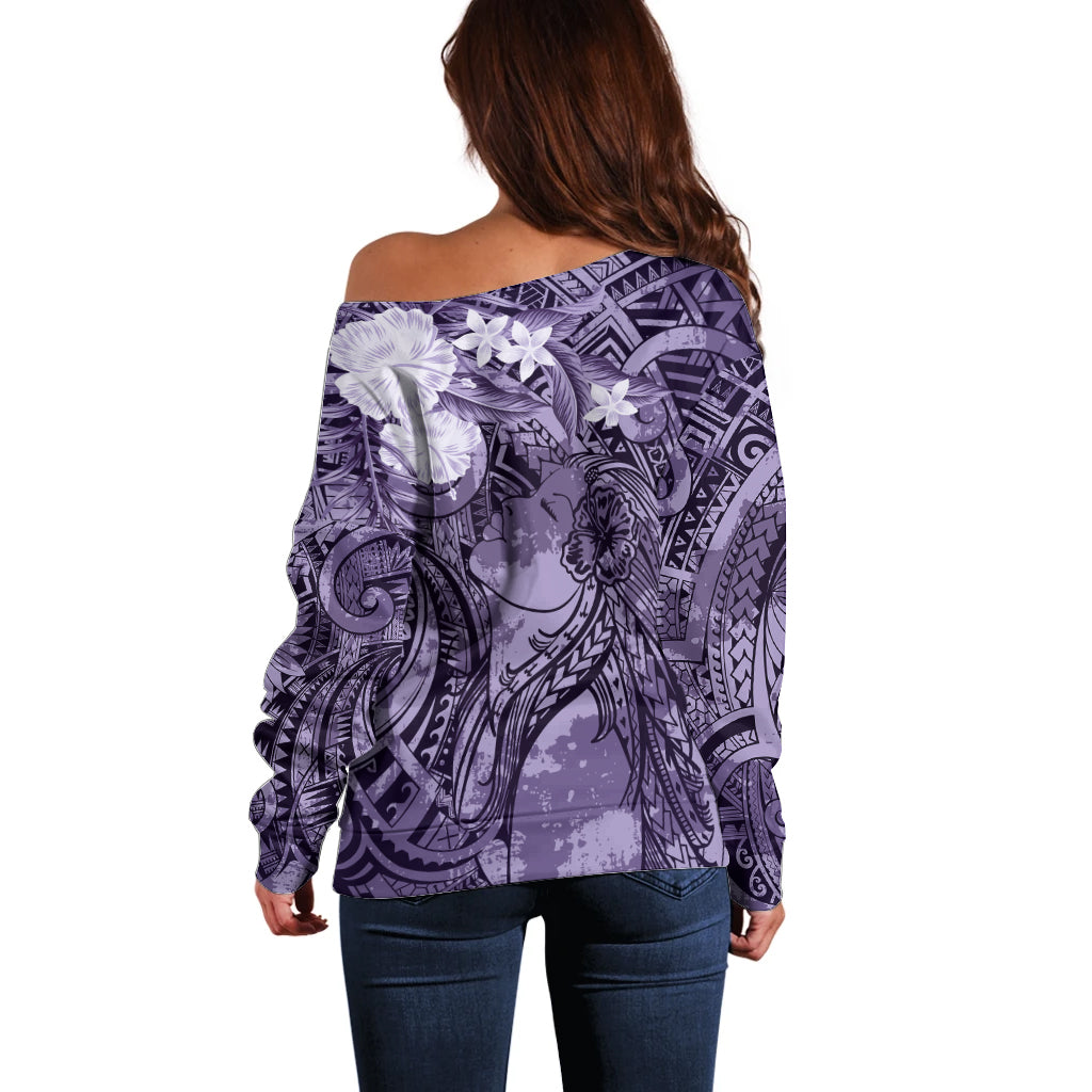 Pacific Beauty Girl Off Shoulder Sweater Violet Polyneisan Tribal Vintage Motif LT9 - Polynesian Pride
