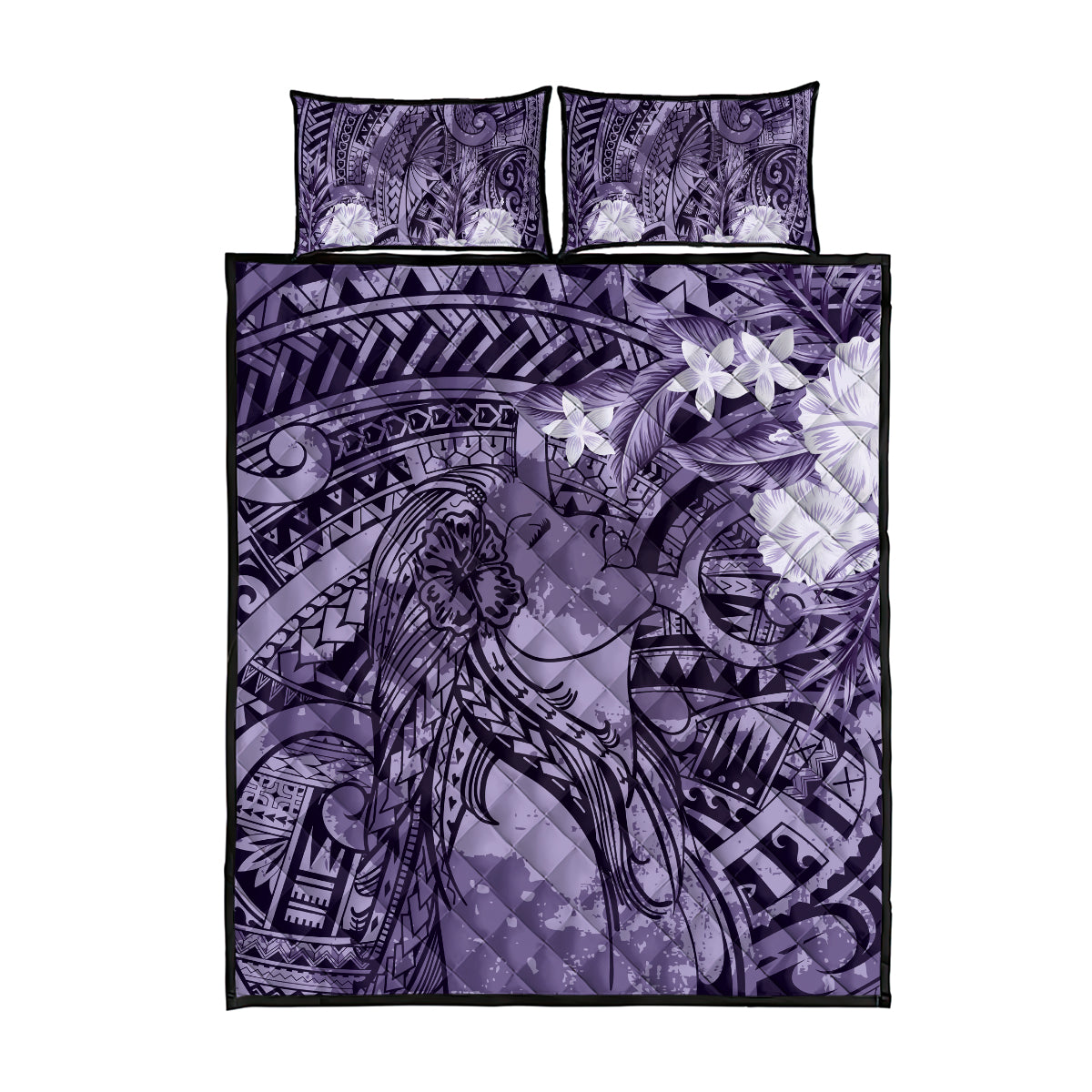 Pacific Beauty Girl Quilt Bed Set Violet Polyneisan Tribal Vintage Motif