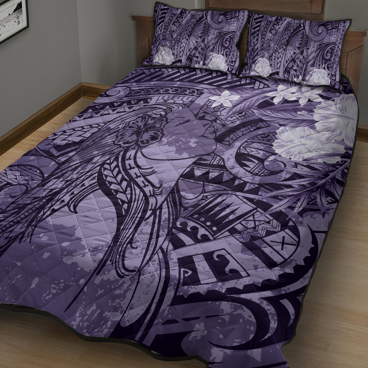 Pacific Beauty Girl Quilt Bed Set Violet Polyneisan Tribal Vintage Motif
