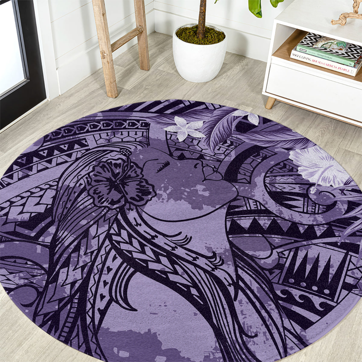 Pacific Beauty Girl Round Carpet Violet Polyneisan Tribal Vintage Motif LT9 Violet - Polynesian Pride