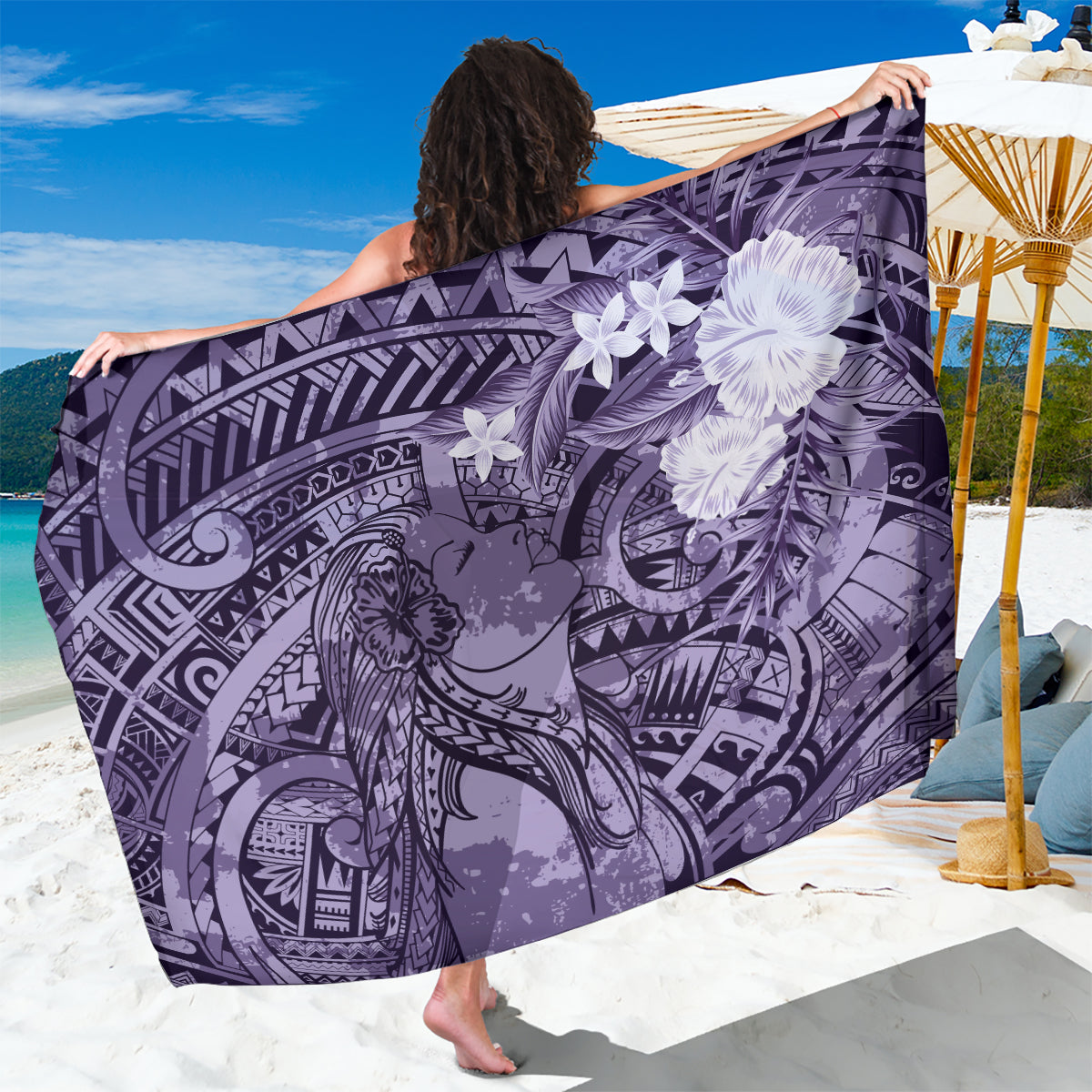 Pacific Beauty Girl Sarong Violet Polyneisan Tribal Vintage Motif LT9 One Size 44 x 66 inches Violet - Polynesian Pride