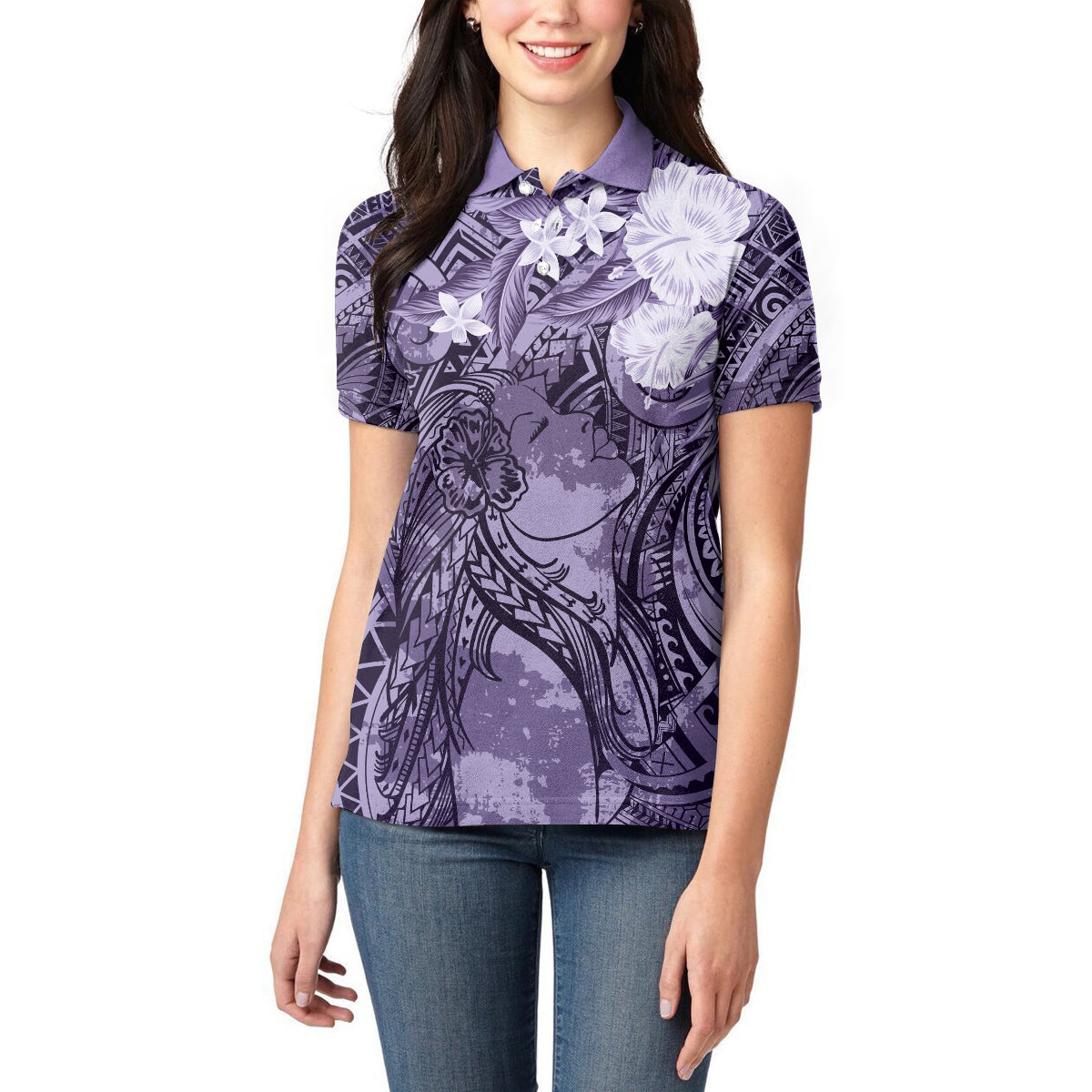 Pacific Beauty Girl Women Polo Shirt Violet Polyneisan Tribal Vintage Motif