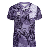Pacific Beauty Girl Women V-Neck T-Shirt Violet Polyneisan Tribal Vintage Motif