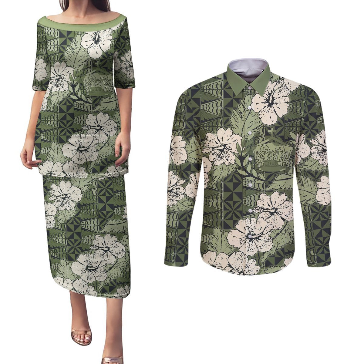 Tongan Kupesi Ngatu Hibiscus Vintage Motif Couples Matching Puletasi and Long Sleeve Button Shirt LT9 Green - Polynesian Pride
