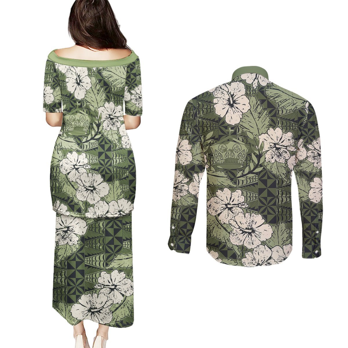 Tongan Kupesi Ngatu Hibiscus Vintage Motif Couples Matching Puletasi and Long Sleeve Button Shirt LT9 - Polynesian Pride