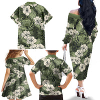 Tongan Kupesi Ngatu Hibiscus Vintage Motif Family Matching Off The Shoulder Long Sleeve Dress and Hawaiian Shirt