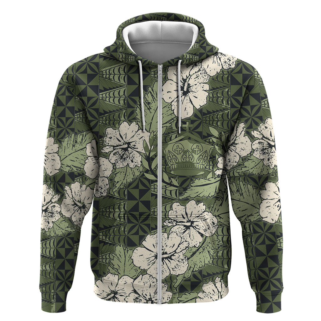 Tongan Kupesi Ngatu Hibiscus Vintage Motif Hoodie LT9 Zip Hoodie Green - Polynesian Pride