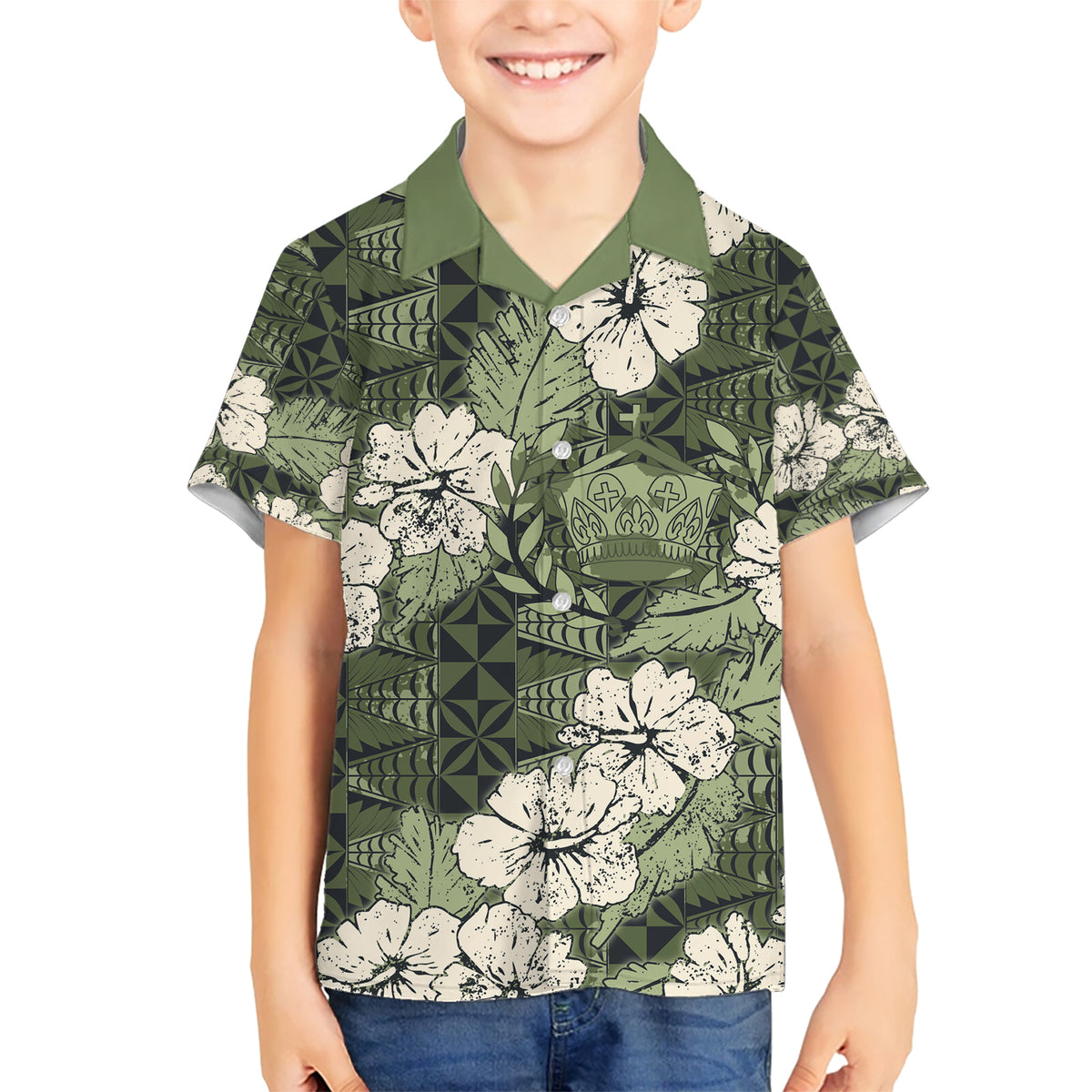 Tongan Kupesi Ngatu Hibiscus Vintage Motif Kid Hawaiian Shirt LT9 Kid Green - Polynesian Pride