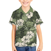 Tongan Kupesi Ngatu Hibiscus Vintage Motif Kid Hawaiian Shirt LT9 Kid Green - Polynesian Pride