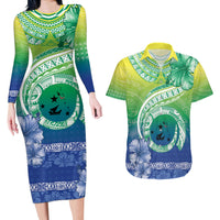 Malpampa Vanuatu Couples Matching Long Sleeve Bodycon Dress and Hawaiian Shirt Hibiscus Sand Drawing with Pacific Pattern
