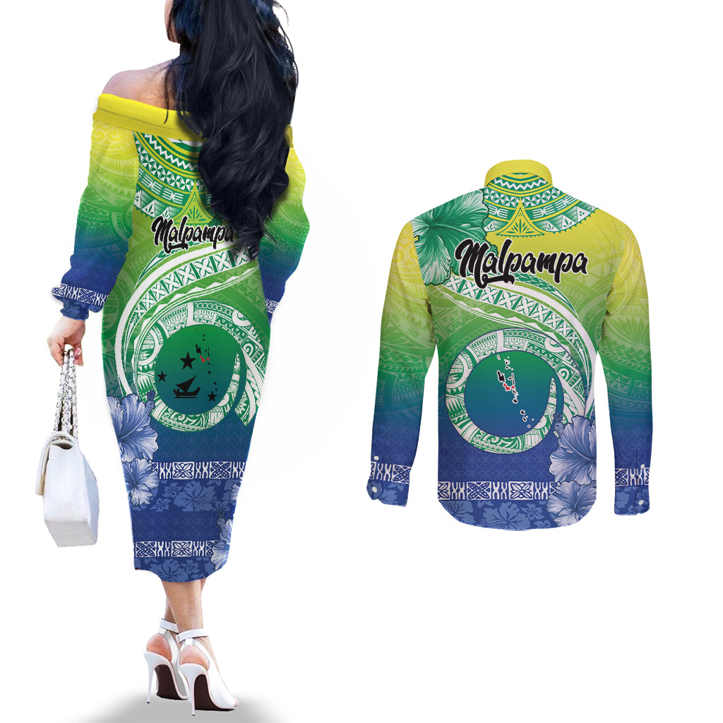 Malpampa Vanuatu Couples Matching Off The Shoulder Long Sleeve Dress and Long Sleeve Button Shirt Hibiscus Sand Drawing with Pacific Pattern