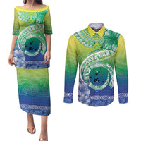 Malpampa Vanuatu Couples Matching Puletasi and Long Sleeve Button Shirt Hibiscus Sand Drawing with Pacific Pattern LT9 Green Art - Polynesian Pride