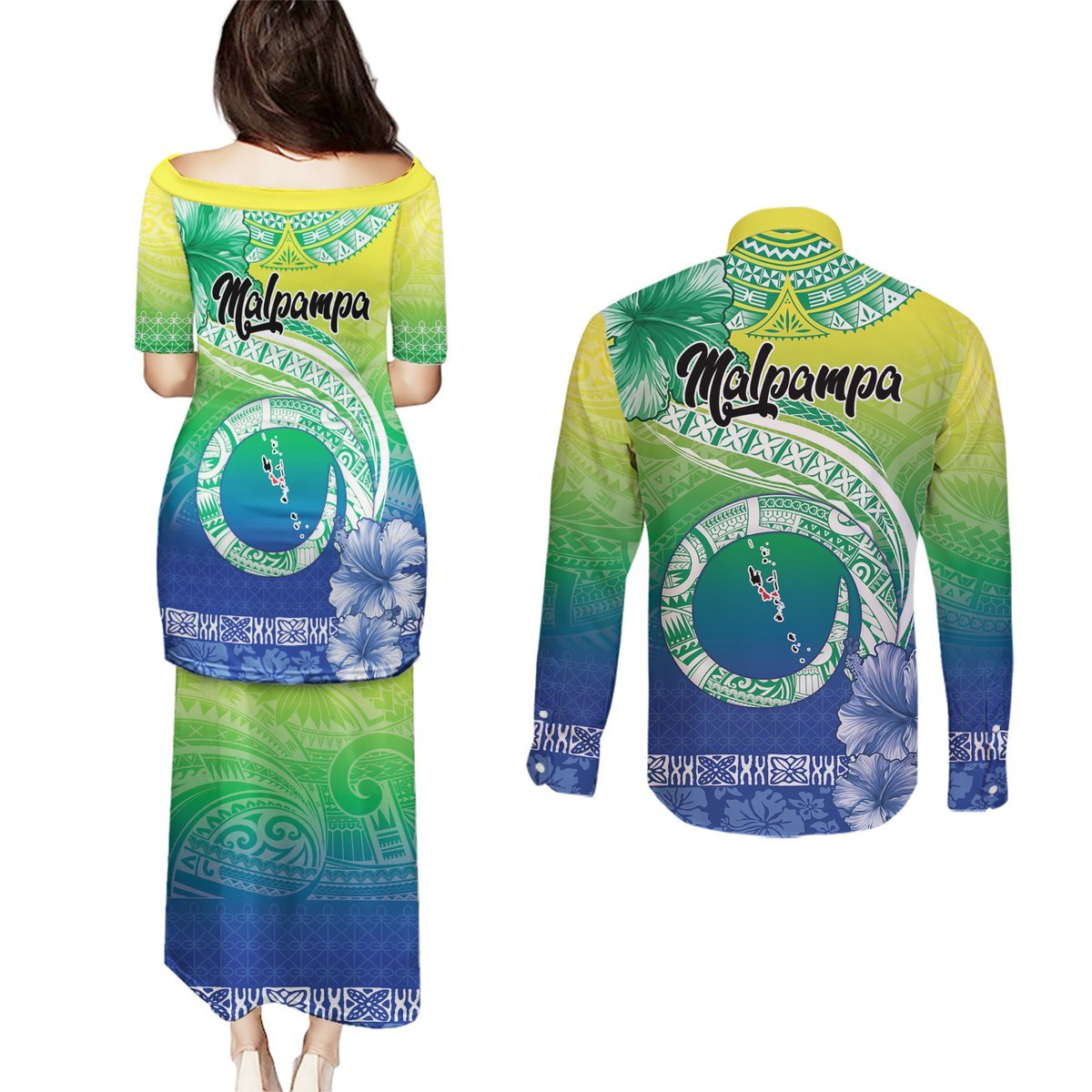 Malpampa Vanuatu Couples Matching Puletasi and Long Sleeve Button Shirt Hibiscus Sand Drawing with Pacific Pattern LT9 - Polynesian Pride