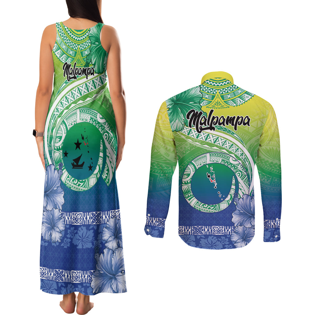 Malpampa Vanuatu Couples Matching Tank Maxi Dress and Long Sleeve Button Shirt Hibiscus Sand Drawing with Pacific Pattern LT9 - Polynesian Pride