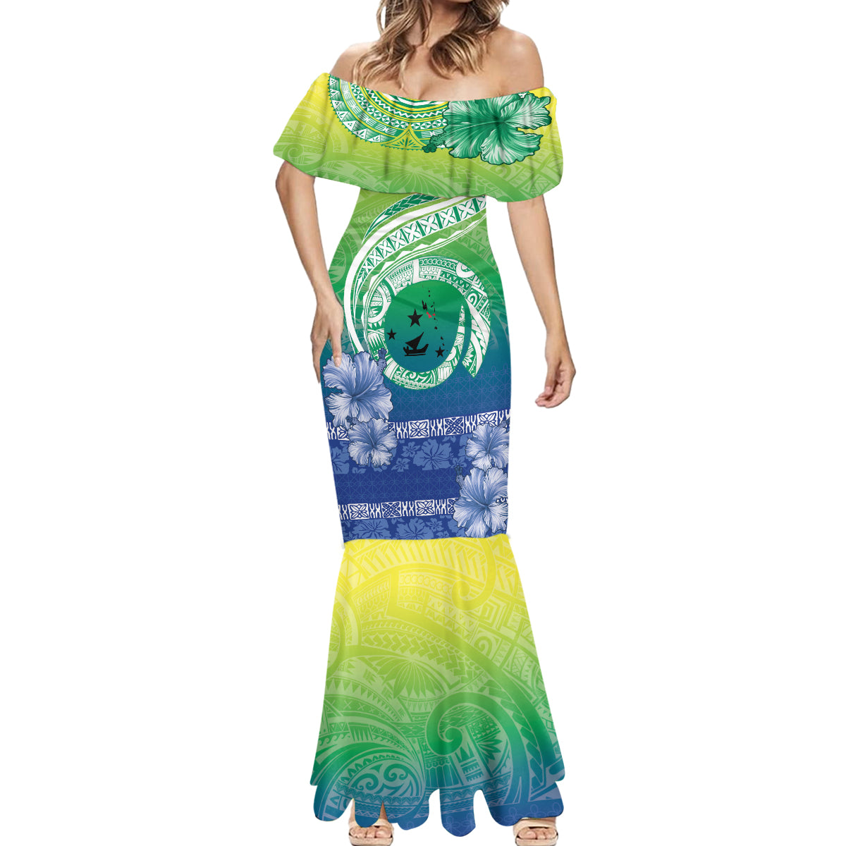 Malpampa Vanuatu Mermaid Dress Hibiscus Sand Drawing with Pacific Pattern