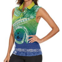 Malpampa Vanuatu Women Sleeveless Polo Shirt Hibiscus Sand Drawing with Pacific Pattern