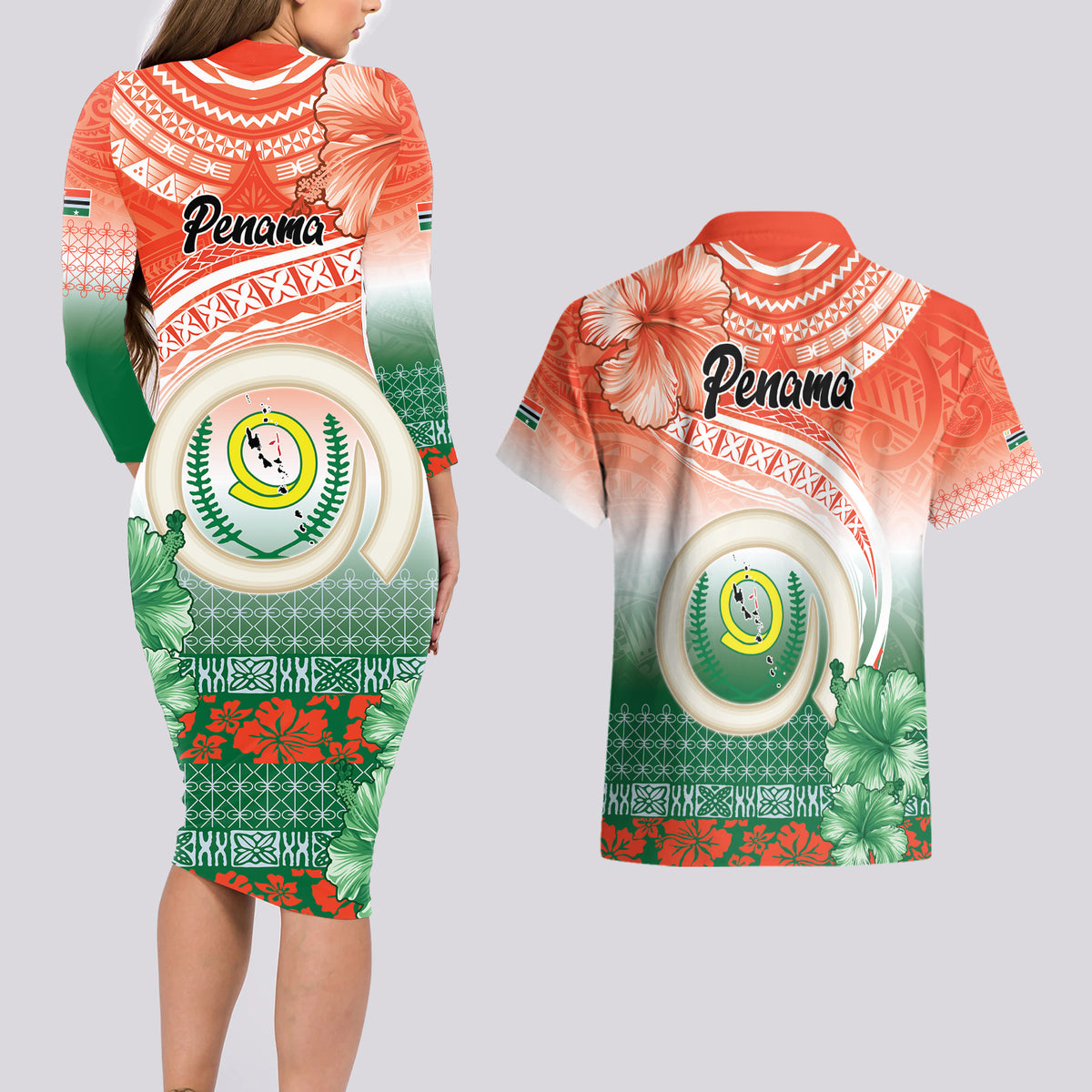Penama Vanuatu Couples Matching Long Sleeve Bodycon Dress and Hawaiian Shirt Hibiscus Sand Drawing with Pacific Pattern