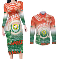 Penama Vanuatu Couples Matching Long Sleeve Bodycon Dress and Long Sleeve Button Shirt Hibiscus Sand Drawing with Pacific Pattern LT9 Red Art - Polynesian Pride