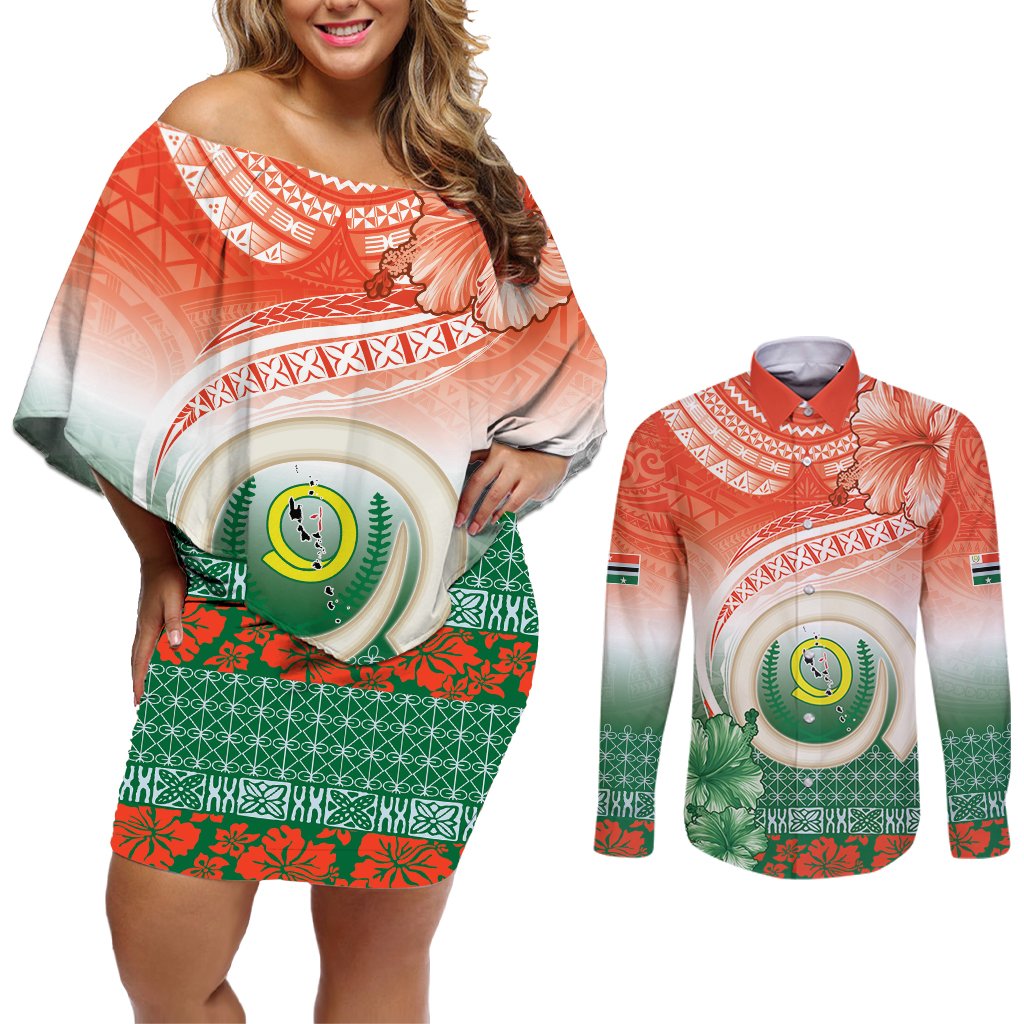 Penama Vanuatu Couples Matching Off Shoulder Short Dress and Long Sleeve Button Shirt Hibiscus Sand Drawing with Pacific Pattern