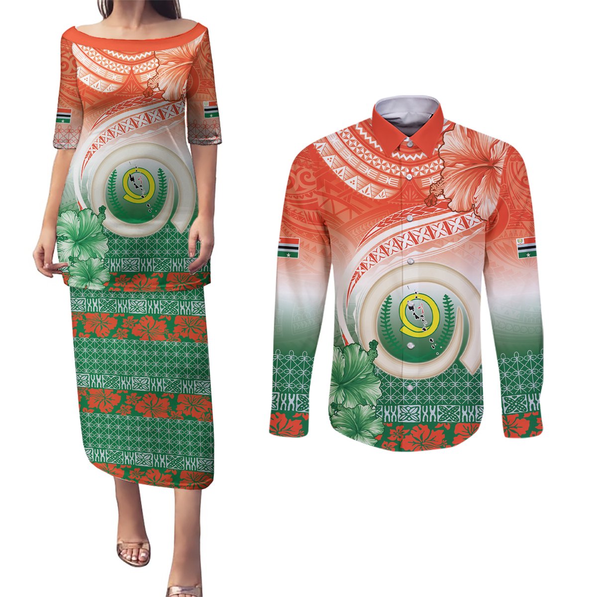 Penama Vanuatu Couples Matching Puletasi and Long Sleeve Button Shirt Hibiscus Sand Drawing with Pacific Pattern