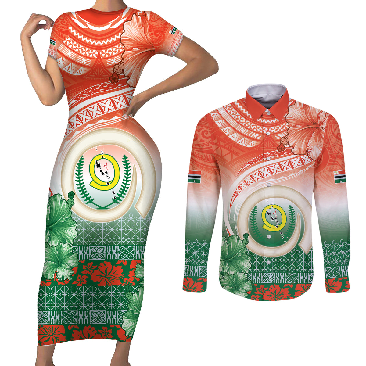 Penama Vanuatu Couples Matching Short Sleeve Bodycon Dress and Long Sleeve Button Shirt Hibiscus Sand Drawing with Pacific Pattern LT9 Red Art - Polynesian Pride