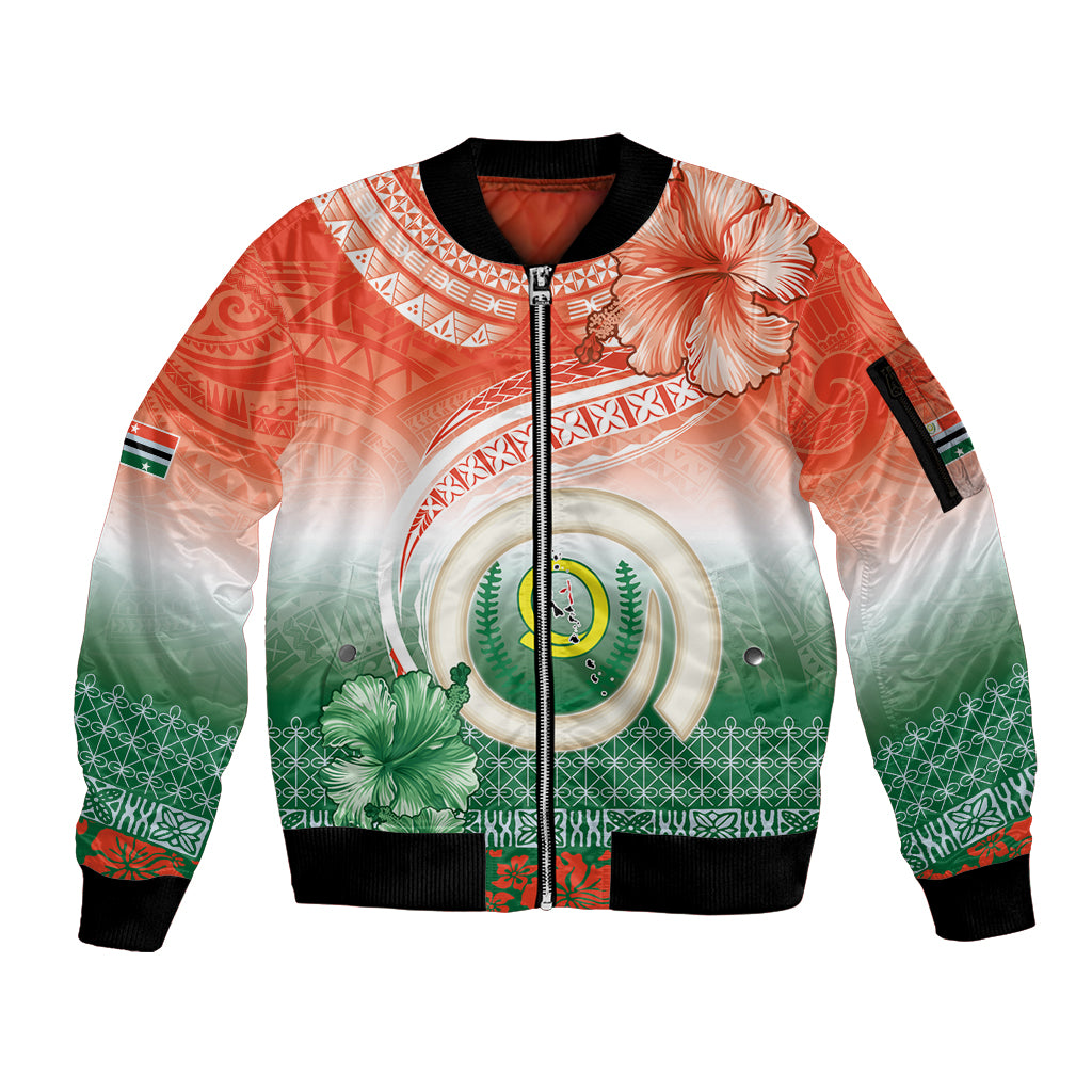 Penama Vanuatu Sleeve Zip Bomber Jacket Hibiscus Sand Drawing with Pacific Pattern