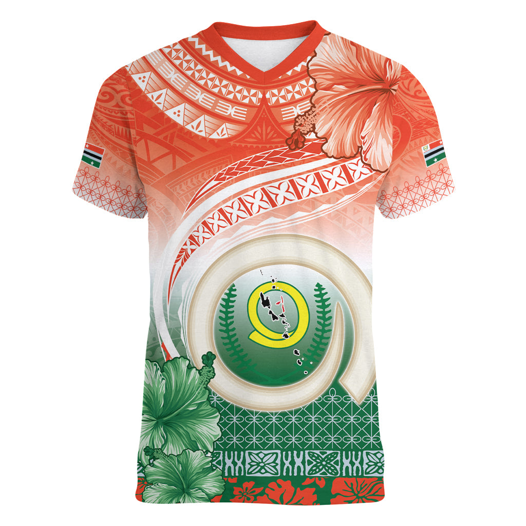 Penama Vanuatu Women V-Neck T-Shirt Hibiscus Sand Drawing with Pacific Pattern