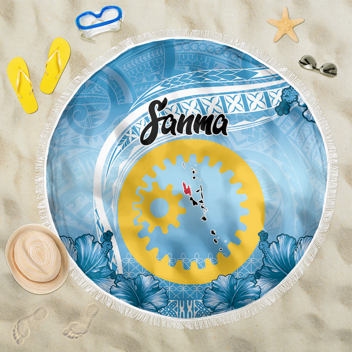 Sanma Vanuatu Beach Blanket Hibiscus Sand Drawing with Pacific Pattern