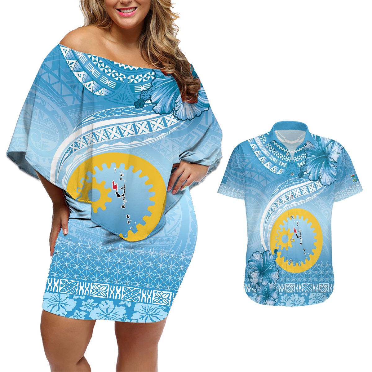 Sanma Vanuatu Couples Matching Off Shoulder Short Dress and Hawaiian Shirt Hibiscus Sand Drawing with Pacific Pattern LT9 Blue Art - Polynesian Pride