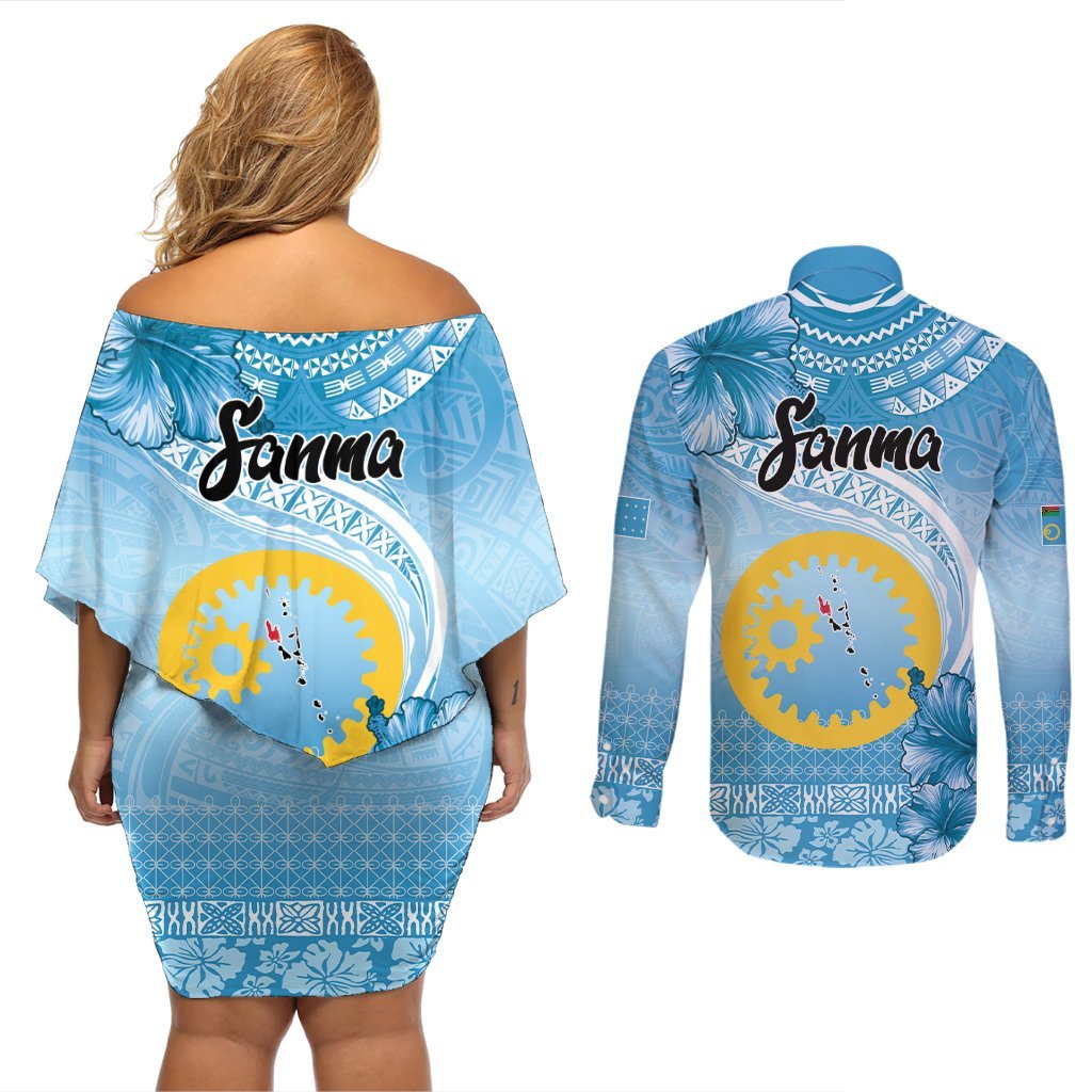 Sanma Vanuatu Couples Matching Off Shoulder Short Dress and Long Sleeve Button Shirt Hibiscus Sand Drawing with Pacific Pattern LT9 - Polynesian Pride