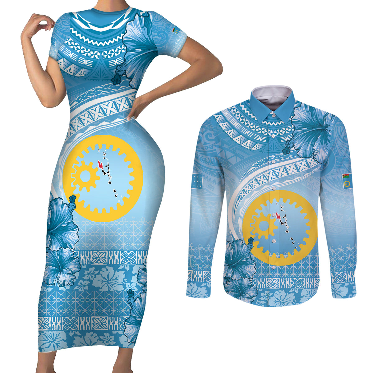 Sanma Vanuatu Couples Matching Short Sleeve Bodycon Dress and Long Sleeve Button Shirt Hibiscus Sand Drawing with Pacific Pattern LT9 Blue Art - Polynesian Pride