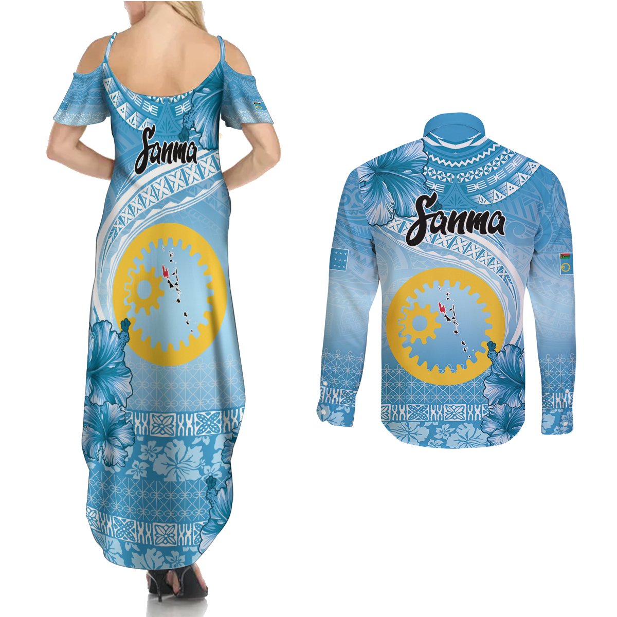 Sanma Vanuatu Couples Matching Summer Maxi Dress and Long Sleeve Button Shirt Hibiscus Sand Drawing with Pacific Pattern