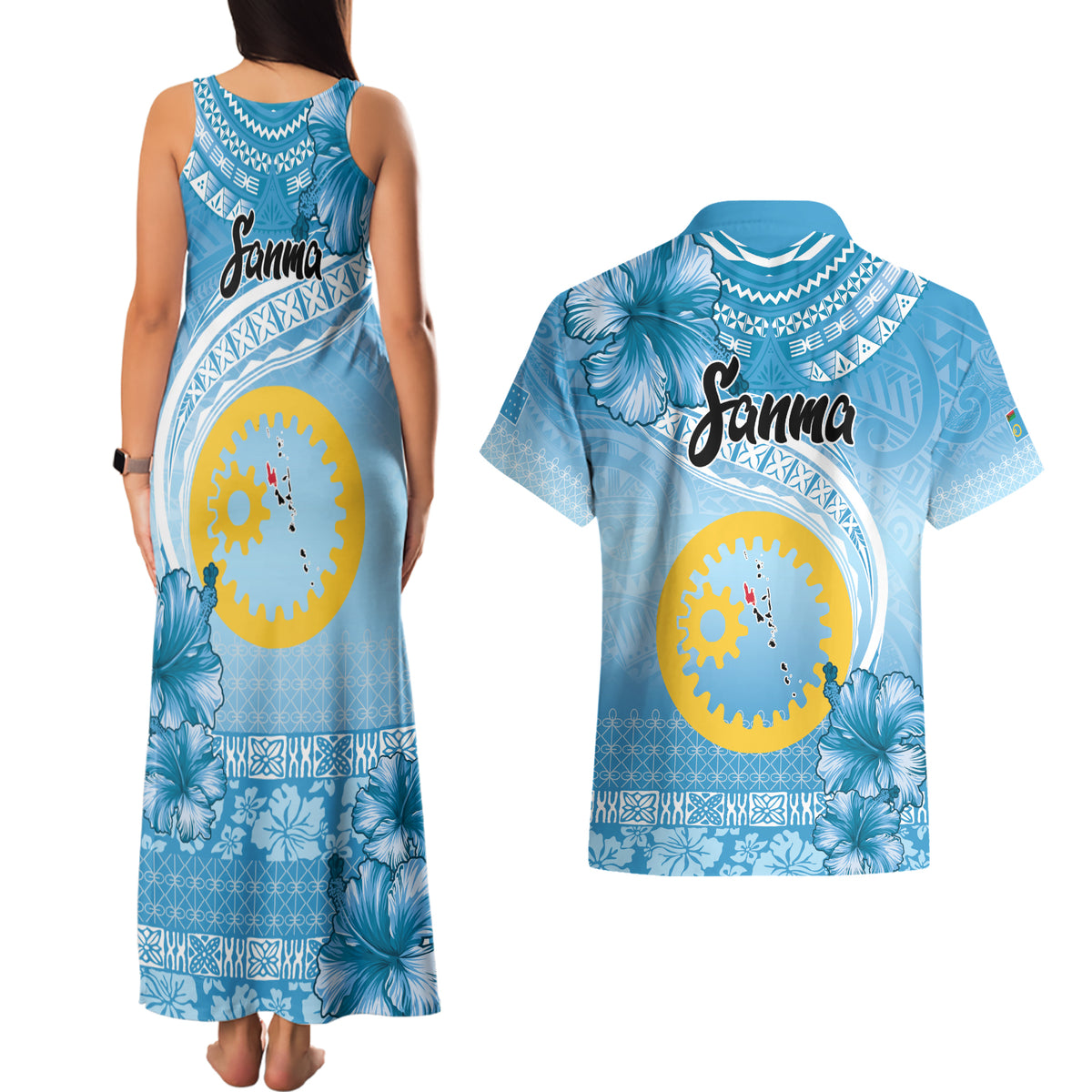 Sanma Vanuatu Couples Matching Tank Maxi Dress and Hawaiian Shirt Hibiscus Sand Drawing with Pacific Pattern LT9 - Polynesian Pride