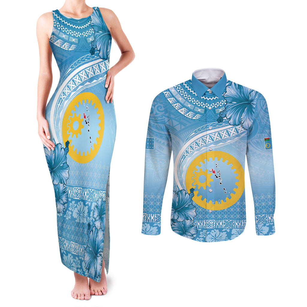 Sanma Vanuatu Couples Matching Tank Maxi Dress and Long Sleeve Button Shirt Hibiscus Sand Drawing with Pacific Pattern LT9 Blue Art - Polynesian Pride
