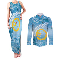 Sanma Vanuatu Couples Matching Tank Maxi Dress and Long Sleeve Button Shirt Hibiscus Sand Drawing with Pacific Pattern LT9 Blue Art - Polynesian Pride