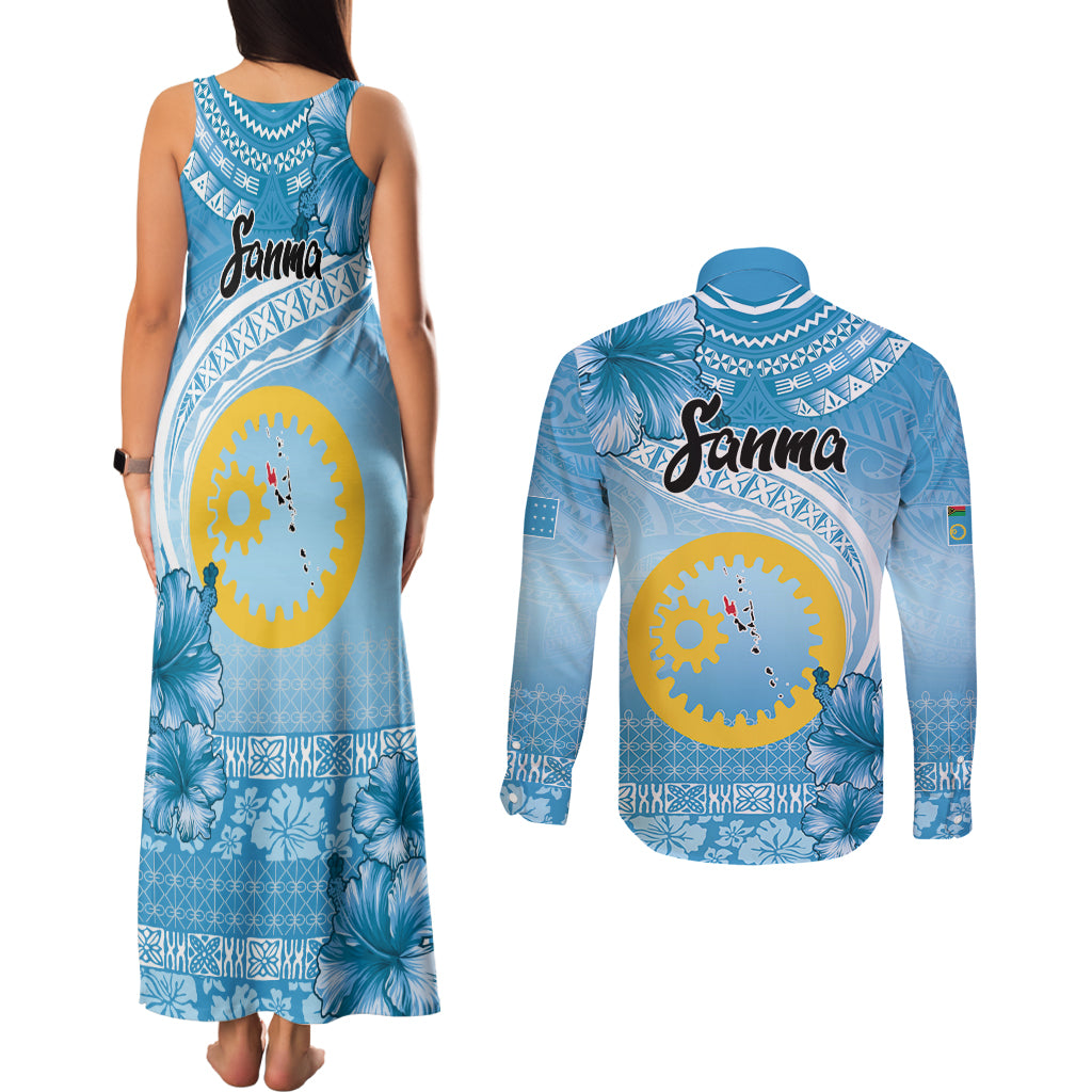 Sanma Vanuatu Couples Matching Tank Maxi Dress and Long Sleeve Button Shirt Hibiscus Sand Drawing with Pacific Pattern LT9 - Polynesian Pride