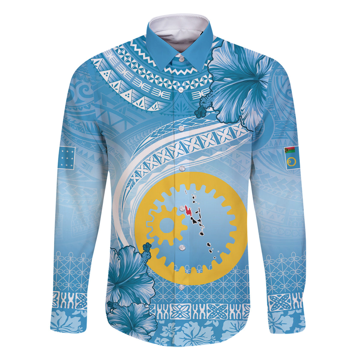 Sanma Vanuatu Family Matching Off Shoulder Short Dress and Hawaiian Shirt Hibiscus Sand Drawing with Pacific Pattern LT9 Dad's Shirt - Long Sleeve Blue Art - Polynesian Pride