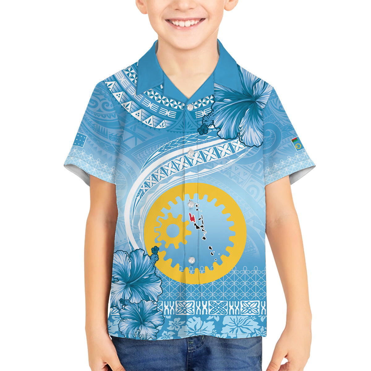 Sanma Vanuatu Family Matching Off Shoulder Short Dress and Hawaiian Shirt Hibiscus Sand Drawing with Pacific Pattern LT9 Son's Shirt Blue Art - Polynesian Pride