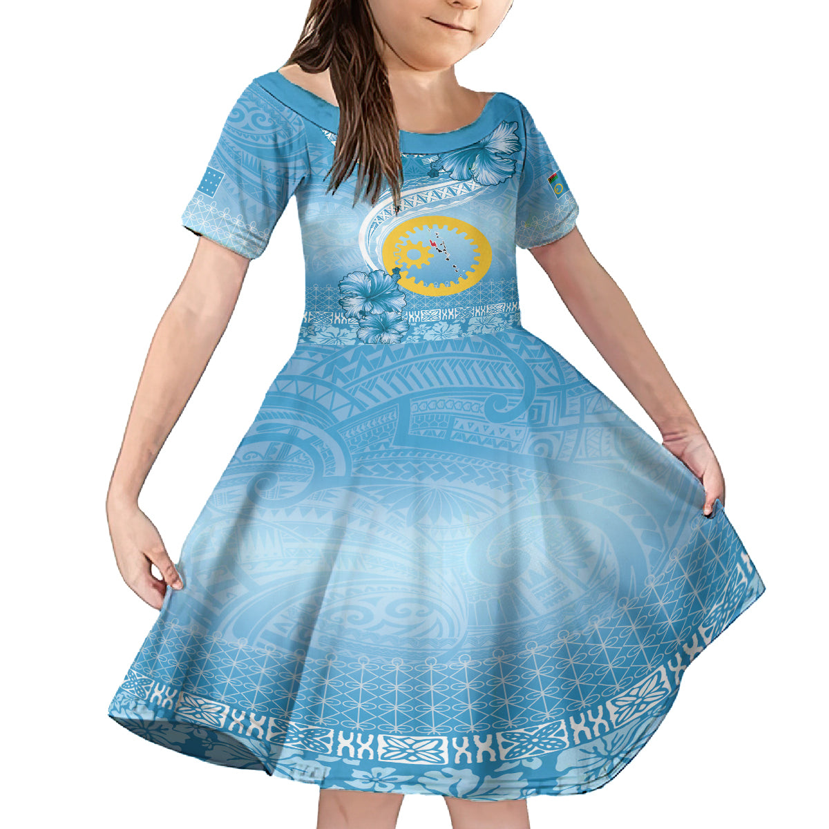 Sanma Vanuatu Kid Short Sleeve Dress Hibiscus Sand Drawing with Pacific Pattern